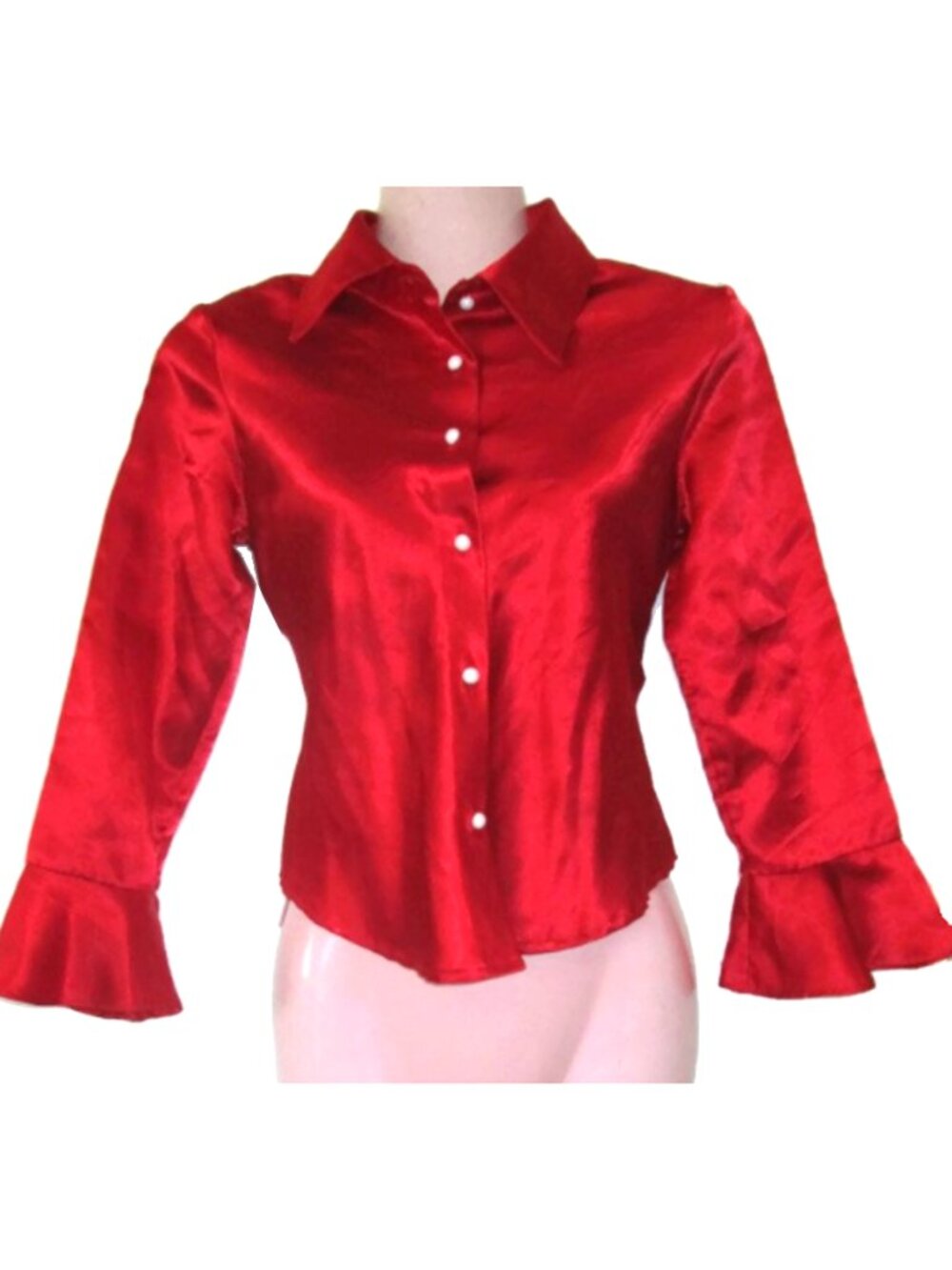 1990s vintage red satin ruffled crop top shirt size xs extra small disco